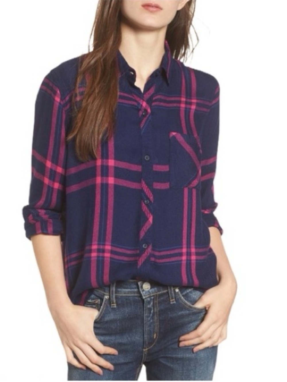 Rails Navy Button-Down Shirt with Pink Plaid